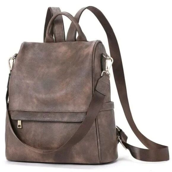 NEW Backpack PU Leather Brown Coffee - Picture 2 of 7